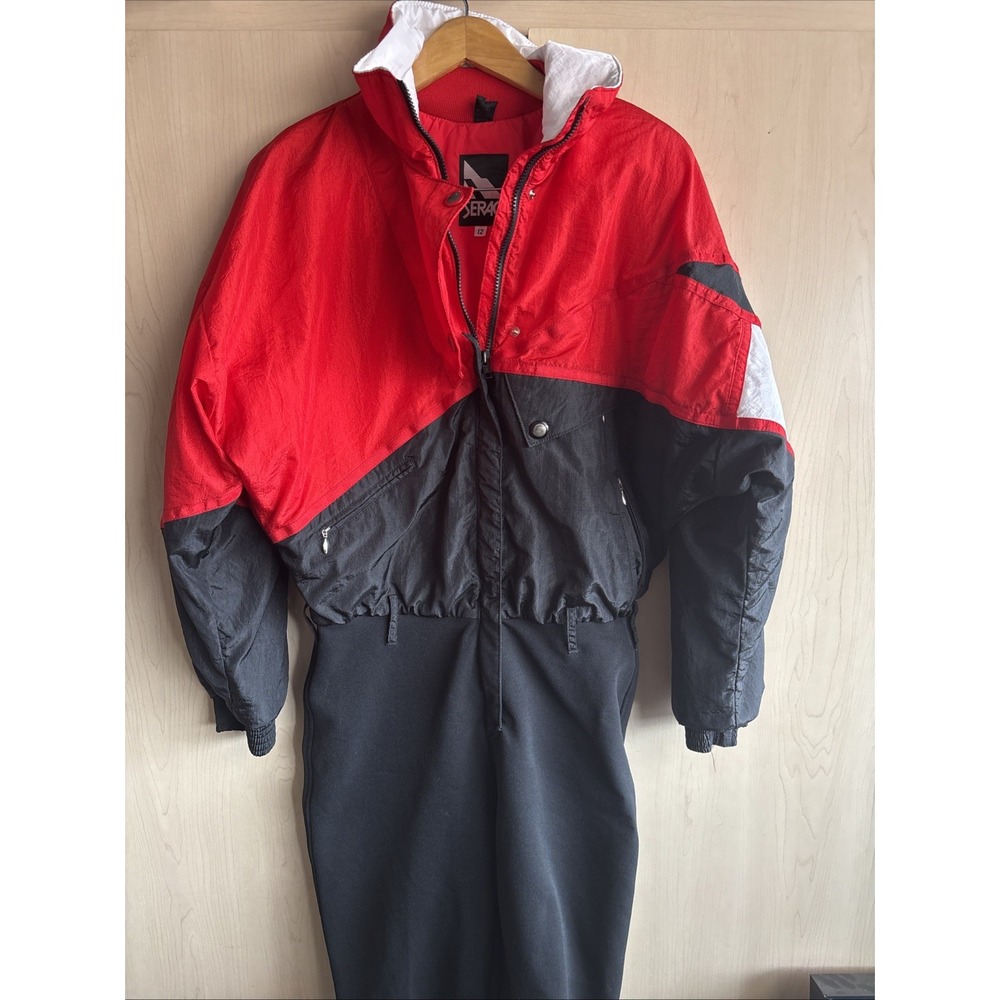 Vtg 80s Ski Suit Snowsuit Serac Apres Snow Bib Leggings Womens 12 Red Black EUC